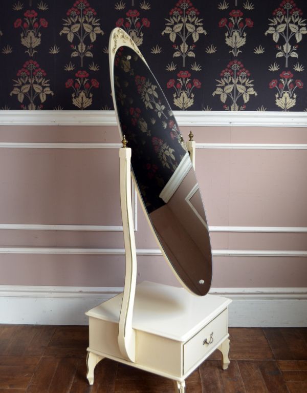 アンティーク家具 フランスのアンティーク引き出し付きスタンドミラー(姿見)。ミラーは角度調節ができます。(d-1003-f)