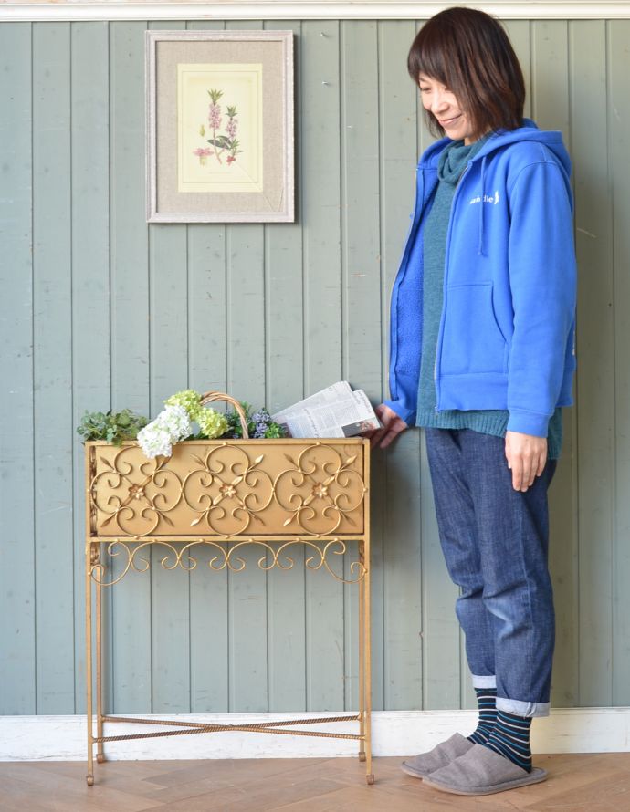 めずらしい家具　アンティーク家具　フランスで見つけた華やかなアイテム、植物を楽しむアンティークプラントスタンド（花台）。くるくるアイアンがお部屋のアクセントになります！観葉植物をたくさん並べると可愛いですよ。(d-1174-f)