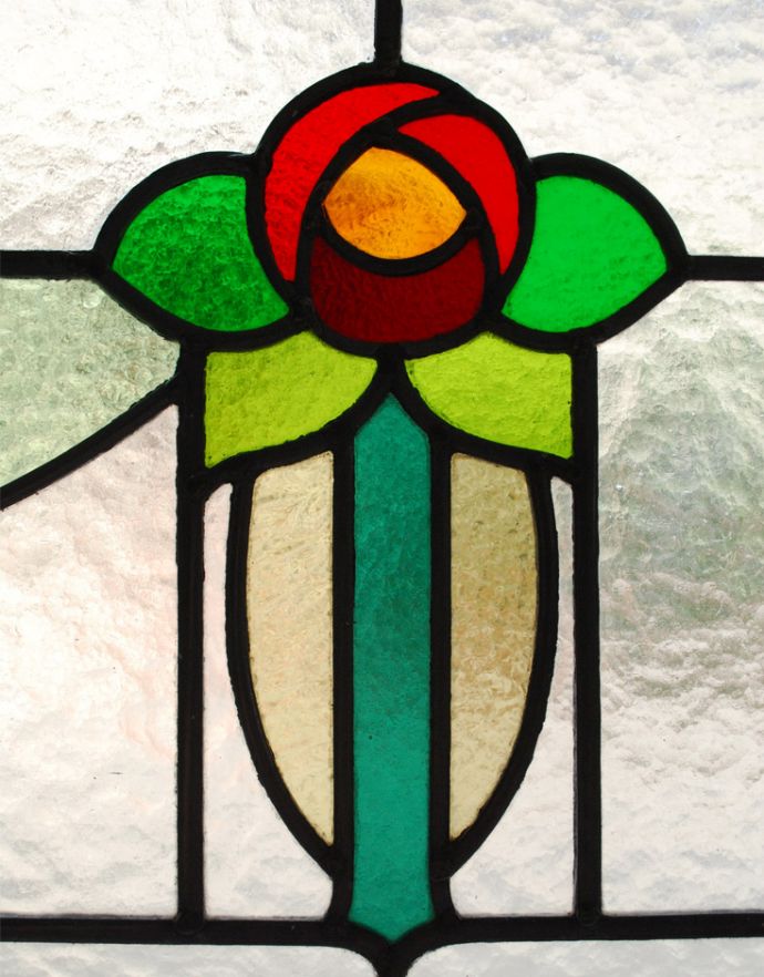 アンティーク ステンドグラス　アンティーク雑貨　気品溢れる１輪の薔薇が美しい、アンティークステンドグラス　。ぬくもりのあるアンティークのガラスから光が差仕込むと、お部屋がやさしい空気に包まれてとても素敵です。(g-959)