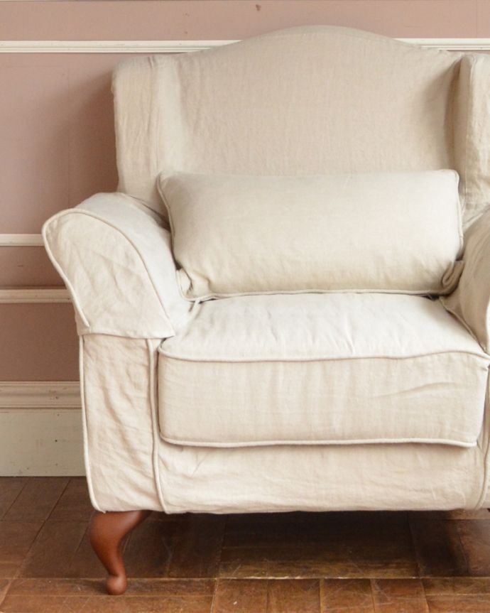 Handleオリジナル　アンティーク風　Handleオリジナルリネンソファ、洋書スタイルのお部屋には１人掛けソファ。アームの部分のデザインにはとってもこだわりました。(hos-04-a)