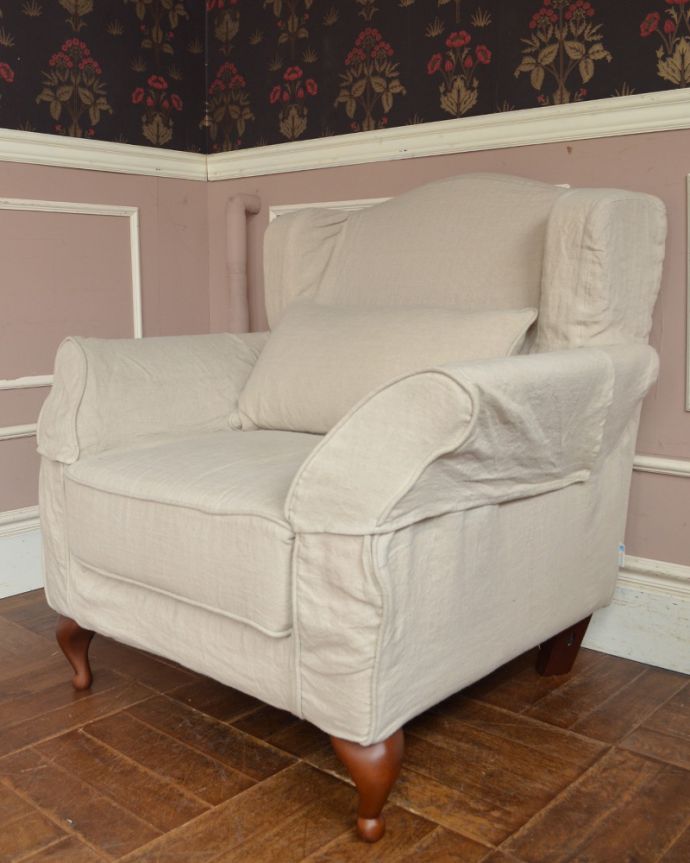 Handleオリジナル　アンティーク風　Handleオリジナルリネンソファ、洋書スタイルのお部屋には１人掛けソファ。自分だけの場所です。(hos-04-a)