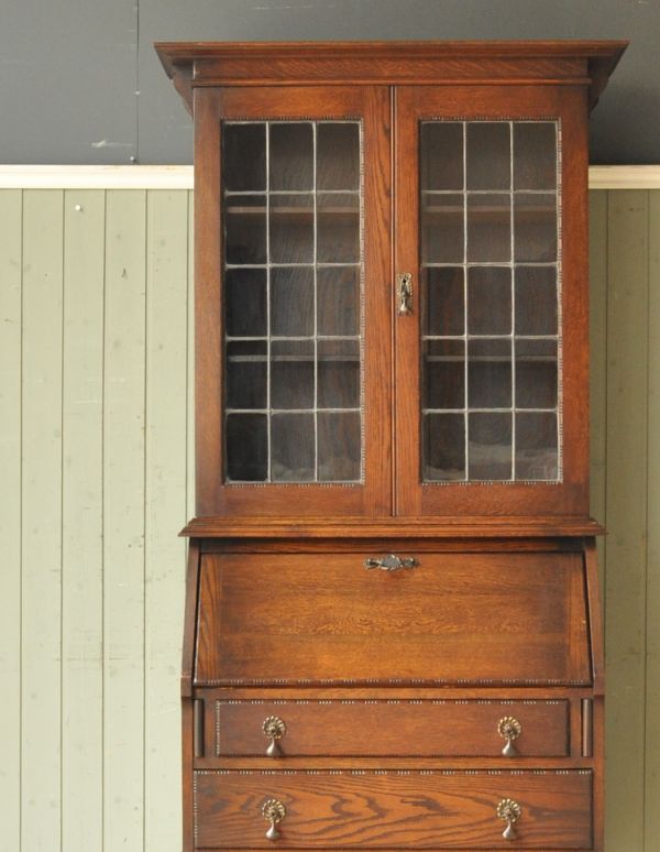 サイドバイサイド アンティーク家具 ガラスのアンティーク収納家具、英国のブックビューロー(本棚とデスク)。美しいアンティークガラス。(j-1336-f)