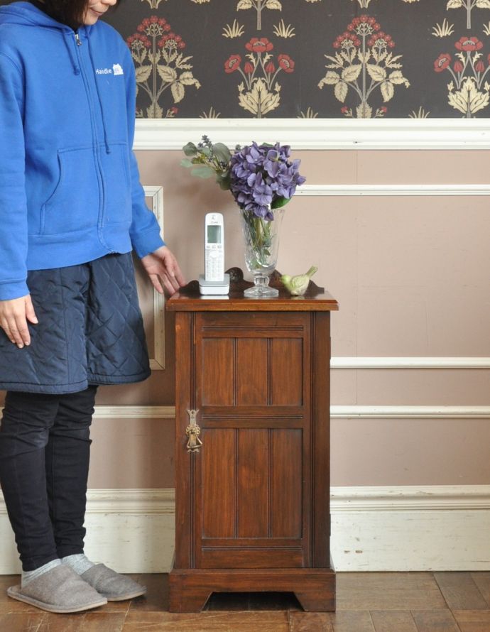 アンティークのキャビネット　アンティーク家具　かっこいいイギリスのアンティーク家具、キャビネットを兼ねたナイトテーブル。小さいながらも隅々までこだわっています。(j-1413-f-1)