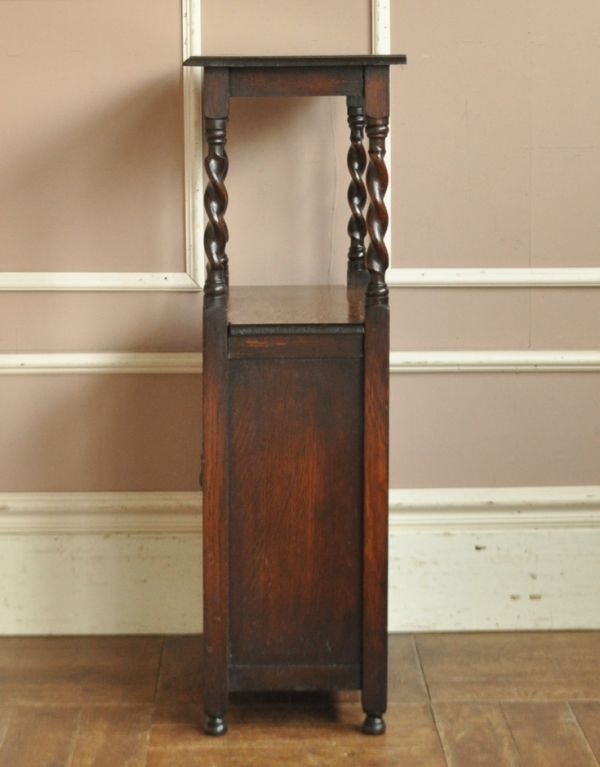 アンティークのキャビネット　アンティーク家具　ツイストデザインを取り入れた英国家具、たっぷり収納のアンティークマガジンラック。横から見るとこんなにもスッキリとしているんですよ。(j-1477-f)