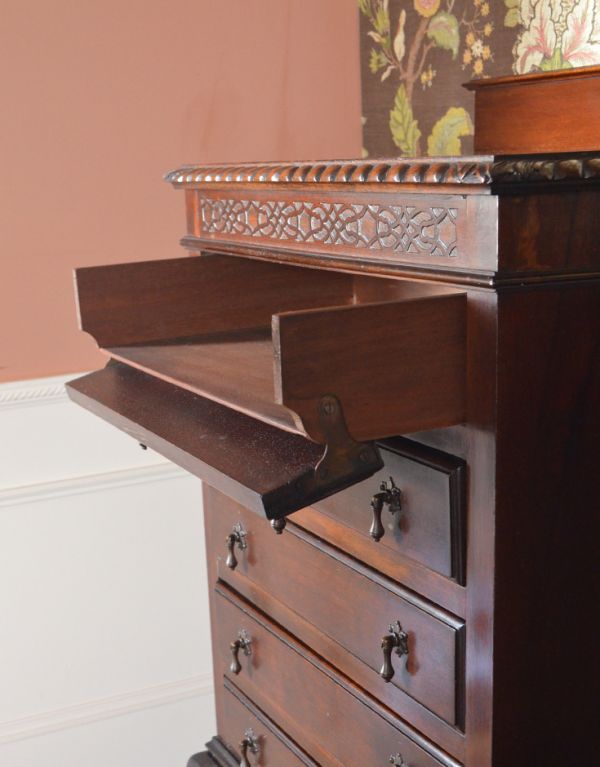 アンティークのキャビネット　アンティーク家具　アンティークの英国家具、マホガニー材を使ったミュージックキャビネット。楽譜を入れるキャビネットなので、収納はこのように前板が外れるようになっています。(j-1479-f)