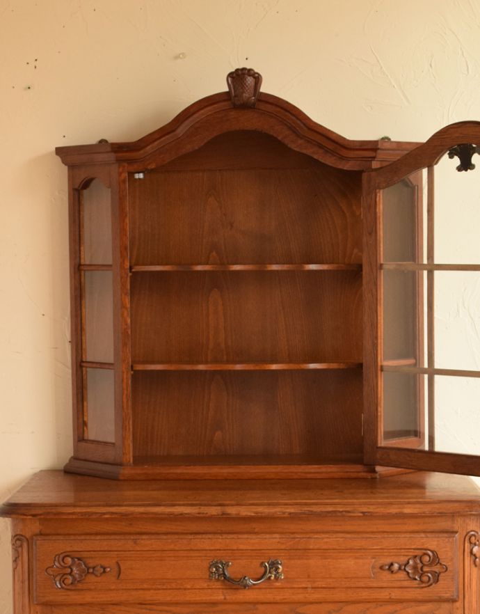 ウォールシェルフ・ウォールハンガー　アンティーク家具　フランスのアンティーク家具、ウォールキャビネット（壁付け棚）。内側はボディと同じ色味の木肌になっています。(j-1552-f)