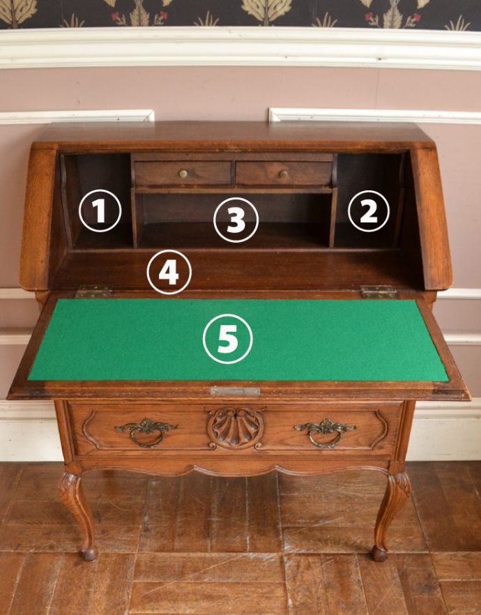 ビューロー　アンティーク家具　彫りたっぷりのアンティーク家具、フランスのゴージャスなアンティークビューロー（デスク）。この通り天板は広々しているので、パソコンデスクとしても活躍してくれます。(j-1605-f)