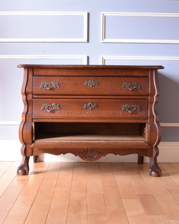 アンティークのチェスト　アンティーク家具　フランスの優雅なアンティーク家具、珍しいチェスト＆シェルフ（コモード） 。開いたときはこんな感じです。(j-1917-f)