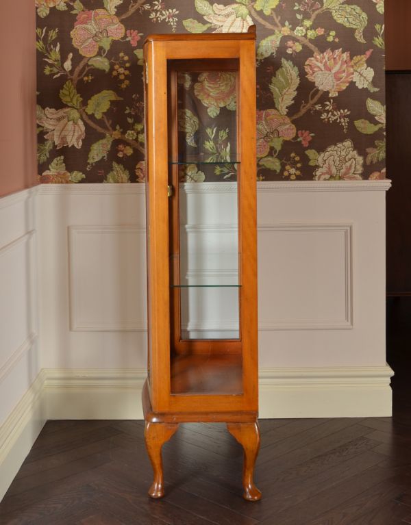 アンティーク家具　ウォルナット材のアンティーク家具、英国のガラスキャビネット（飾り棚）。サイドもガラス貼りが涼しげでスッキリしています。(k-1031-f)
