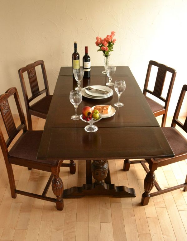 ロイドテーブル アンティーク家具 イギリスのアンティーク家具、重厚な脚のドローリーフテーブル(ダイニングテーブル)。急な来客があっても、このテーブルがあれば安心!ゆったり使えてリラックスできますよ。(k-1094-f)