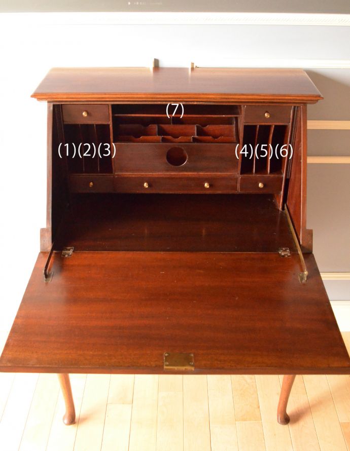 サイドバイサイド アンティーク家具 英国のオシャレなアンティーク家具、小ぶりなビューロー(デスク)。この通り天板は広々しているので、パソコンデスクとしても活躍してくれます。(k-1160-f)