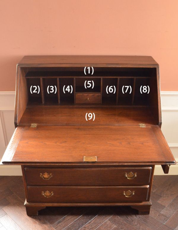 ビューロー アンティーク家具 英国のアンティーク家具、オーク材のステキなビューロー。棚に化粧品を片付ければ、奥様のドレッサー代わりにもなりますよ。(k-1188-f)