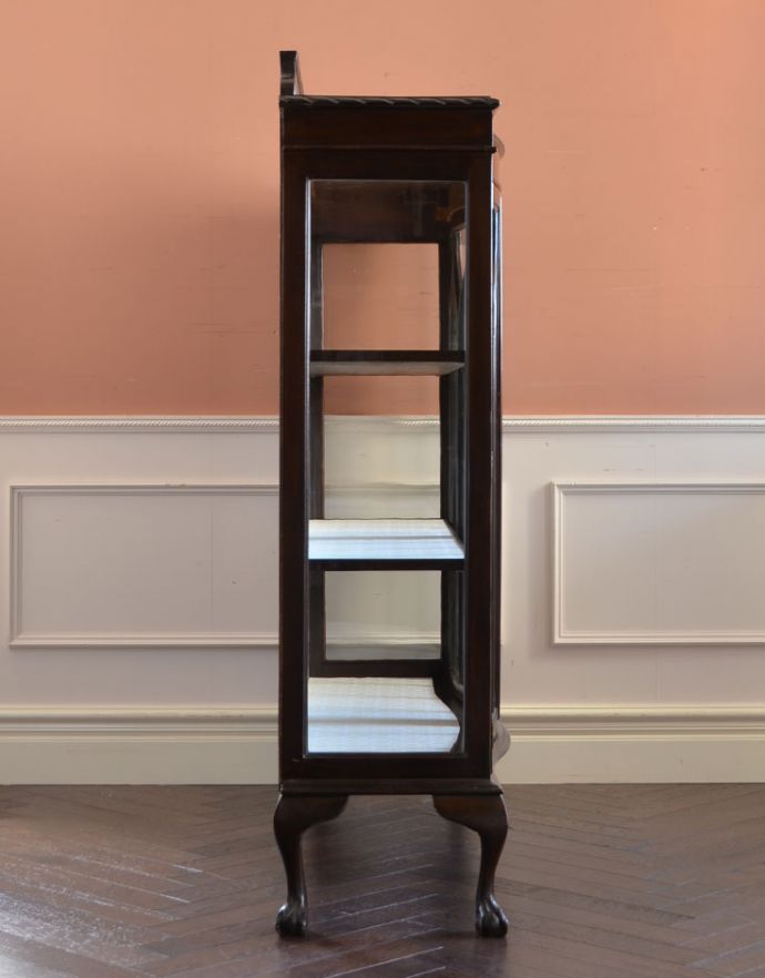 アンティークのキャビネット　アンティーク家具　クロウ＆ボールの脚がエレガント、アンティーク家具ガラスキャビネット。サイドもガラスなので、どこから見ても美しいです！しっかり作られているので、安心してお使いいただけます。(k-1262-f)