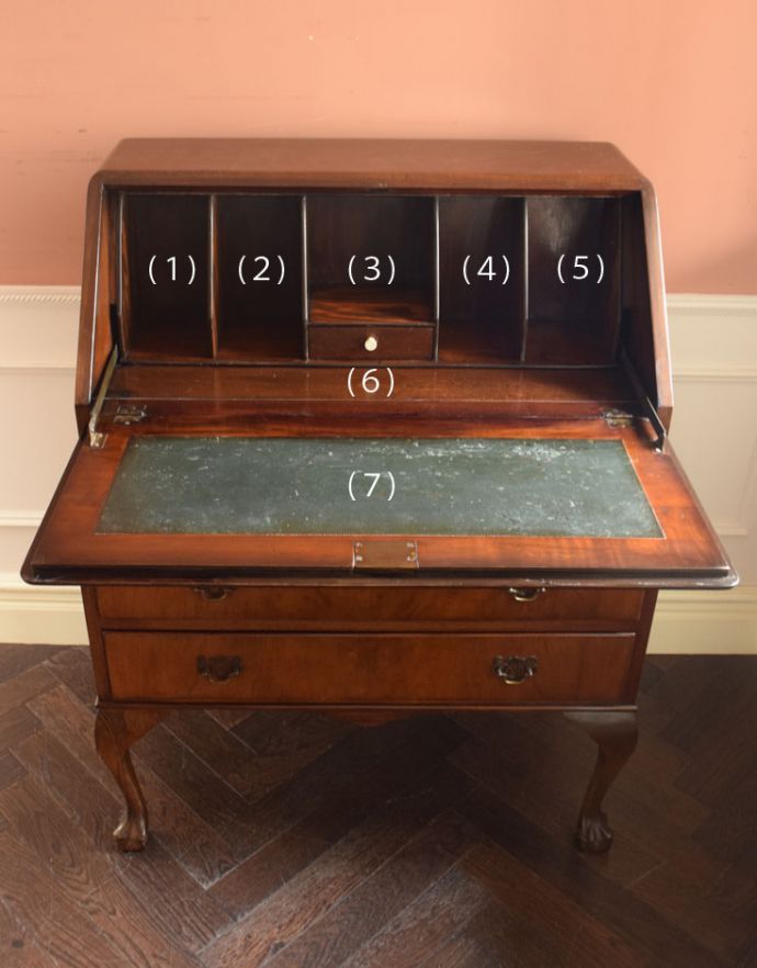 ビューロー アンティーク家具 英国から到着したアンティーク家具、美しいウォルナット材のビューロー(デスク)。この通り天板は広々しているので、パソコンデスクとしても活躍してくれます。(k-1374-f)