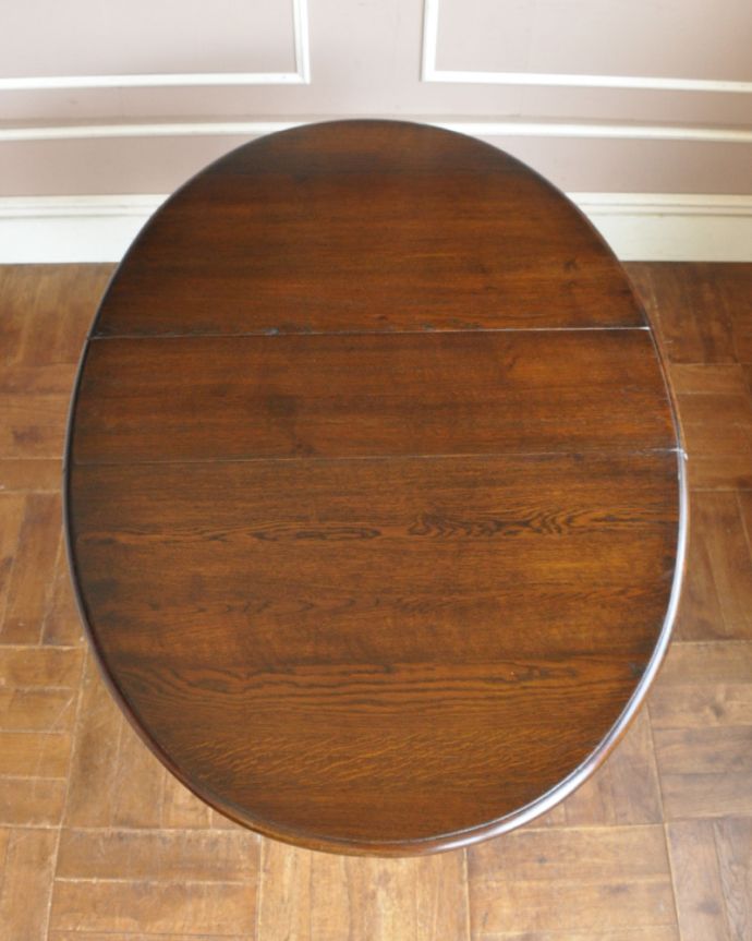 アンティークのテーブル　アンティーク家具　素敵なアンティーク家具、ボビンレッグが上品なゲートレッグテーブル（伸張式テーブル）。天板もピカピカにお直ししました。(k-1391-f)