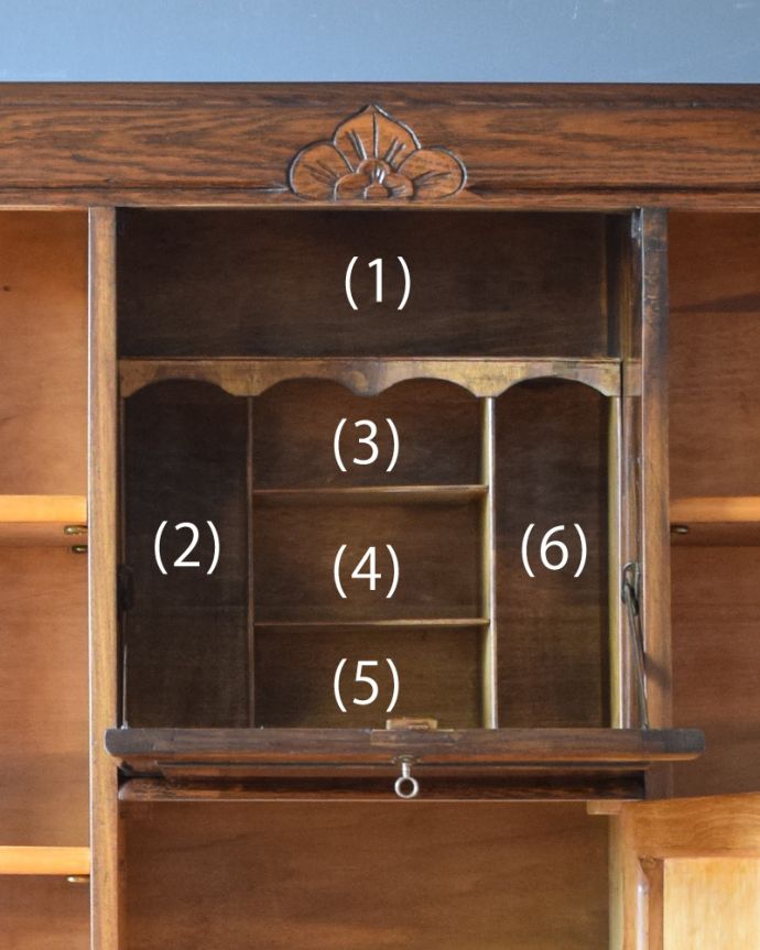 ビューロー　アンティーク家具　本棚とビューローがセットになったサイドバイサイド、英国のアンティーク家具。ビューローの中にも収納スペースが。(k-1426-f)