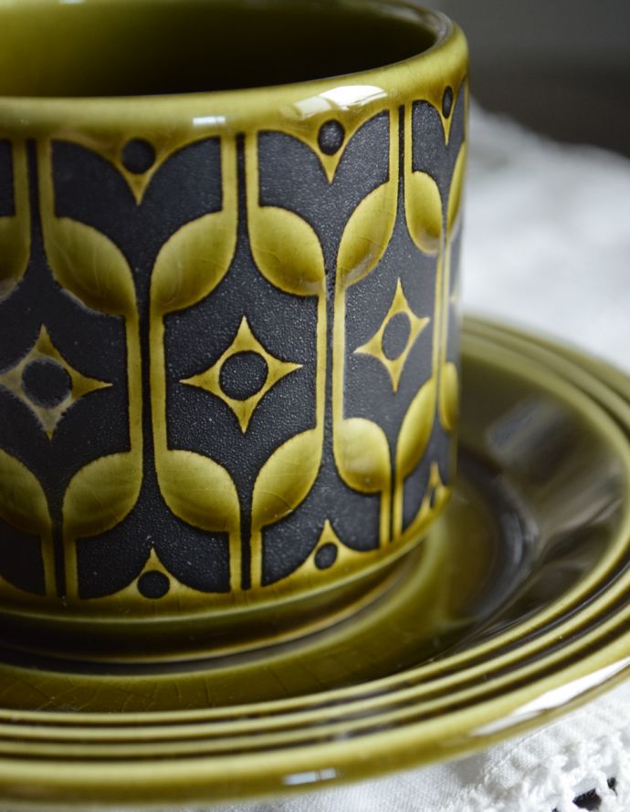 Hornsea（ホーンジー）　アンティーク雑貨　イギリスのアンティーク食器、ホーンジー社のカップ＆ソーサー（レイクランドグリーン）。イギリスの陶器メーカーHORNSEA（ホーンジー）社のHEIRLOOM（ヘアルーム）シリーズ。(k-1557-z)