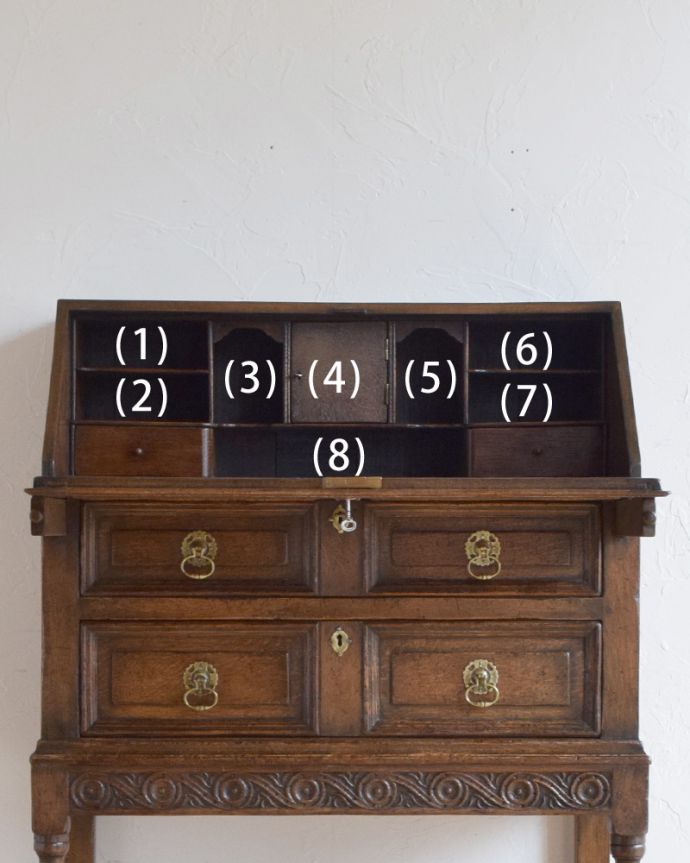 ビューロー アンティーク家具 英国輸入のアンティーク家具、オーク材のライティングビューロー(デスク)。この通り天板は広々しているので、パソコンデスクとしても活躍してくれます。(k-1590-f)