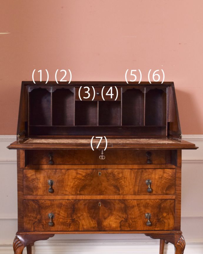 ビューロー アンティーク家具 使いやすいビューロー(デスク)、キレイなアンティーク英国家具。この通り天板は広々しているので、パソコンデスクとしても活躍してくれます。(k-1624-f)