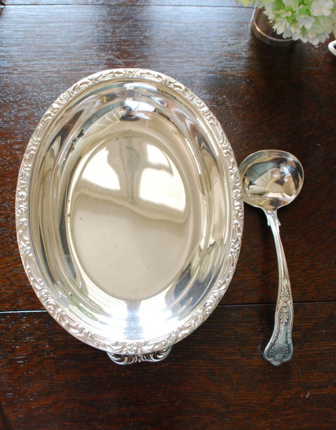 アンティークの銀食器、イギリスのシルバープレートディッシュ(お皿