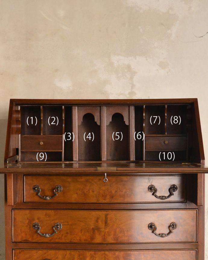 ビューロー　アンティーク家具　曲線が美しいイギリスからのアンティーク家具、ライティングビューロー（デスク）。パソコンデスクとしても活躍してくれます。(k-1699-f)