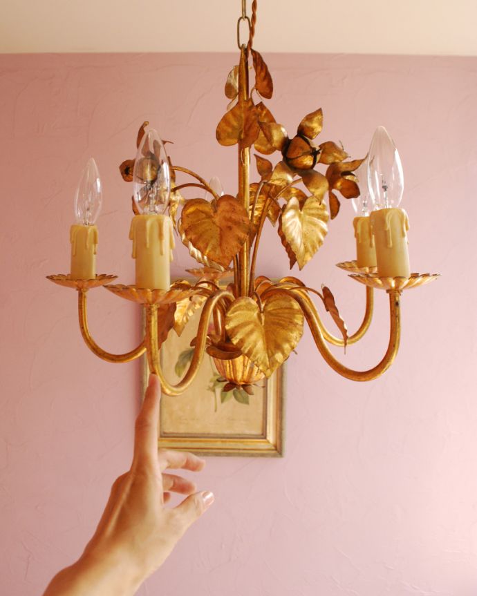 シャンデリア　照明・ライティング　フランス便で到着、お花の装飾が華やかなアンティーク5灯シャンデリア（Ｅ17シャンデリア球付）。取り付けやすい小ぶりなシャンデリアです。(k-1751-z)