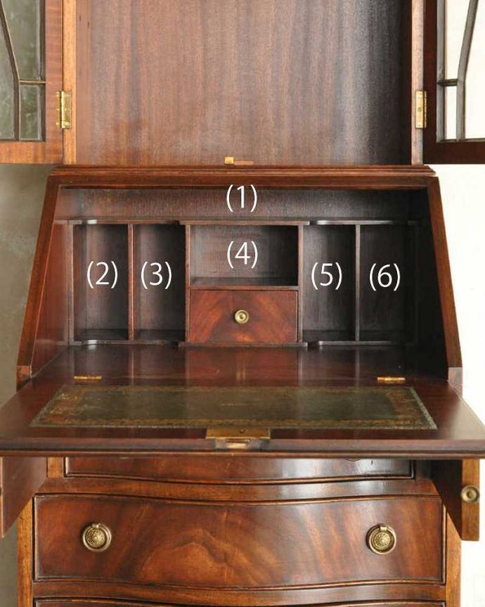 ビューロー　アンティーク家具　英国輸入のアンティーク家具、スリムなビューローブックケース。ビューローの中にも収納スペースが。(k-1774-f)