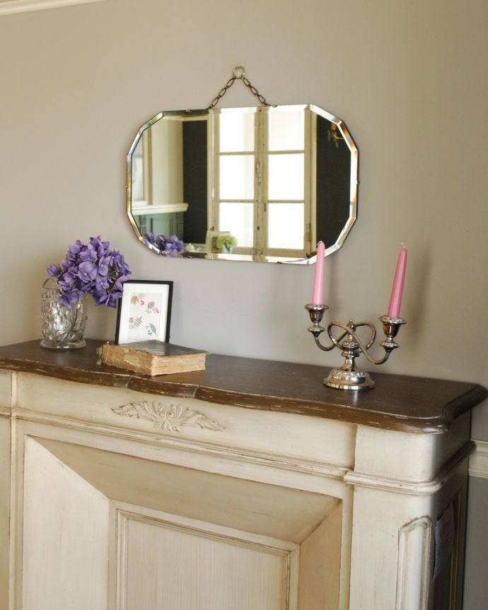 カッティングが美しい英国アンティークの壁掛け鏡、横長のアンティーク