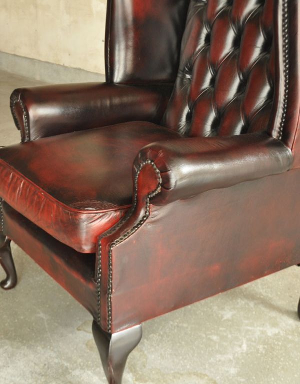英国アンティークの一人掛け革張りソファ、カッコいいウィングバック
