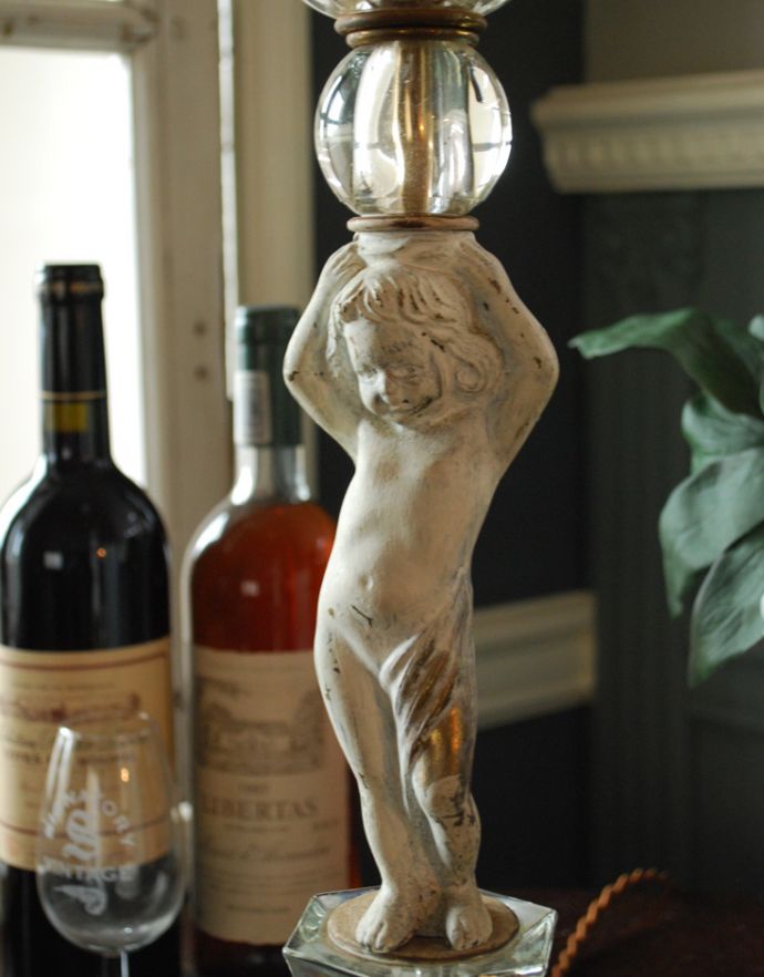 スタンドライト 照明・ライティング フランスのアンティーク照明、リボン付きシェードのテーブルランプ。フランスらしい可愛い装飾です。(m-1254-z)