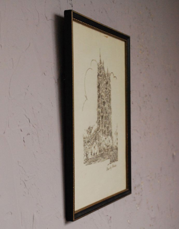 木の雑貨 アンティーク雑貨 刺繍で描かれた「Beverley Minster」英国で見つけたフレームの額絵。横から見るとこんな感じです。(m-1389-z)