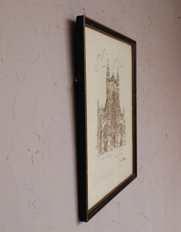 木の雑貨　アンティーク雑貨　刺繍で描かれた「Bath Abbey」英国で見つけたフレームの額絵 。横から見るとこんな感じです。(m-1390-z)