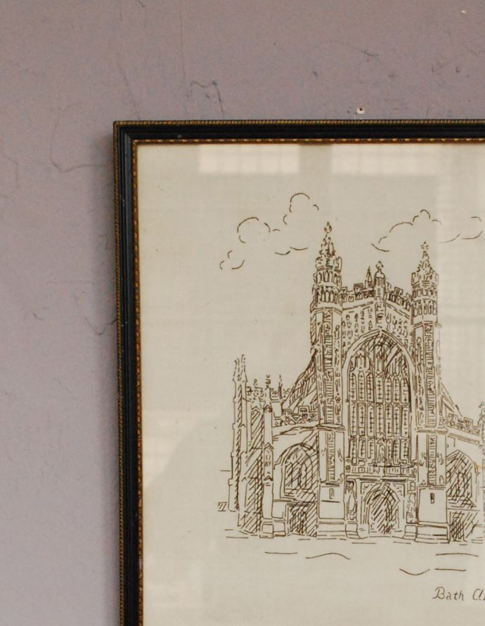木の雑貨　アンティーク雑貨　刺繍で描かれた「Bath Abbey」英国で見つけたフレームの額絵 。ゴージャスなゴールドのフレームが使われています。(m-1390-z)