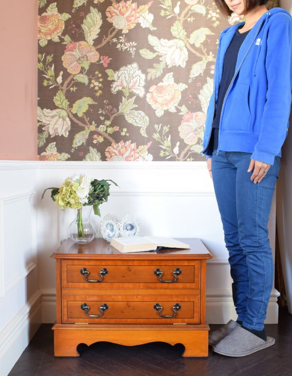 アンティークのキャビネット アンティーク家具 オシャレなテレビボードにいかが?ウォルナット材のベッドサイドキャビネット。ベッドやソファの横など、どこにでもちょこんと置けるコンパクトサイズで便利です。(m-507-f)