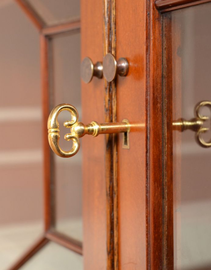 アンティークのキャビネット　アンティーク家具　高級な雰囲気漂う英国スタイルのアンティーク家具、和室にもよく似合うガラス扉のブックケース。小さな取っ手が付いています。(m-519-f)