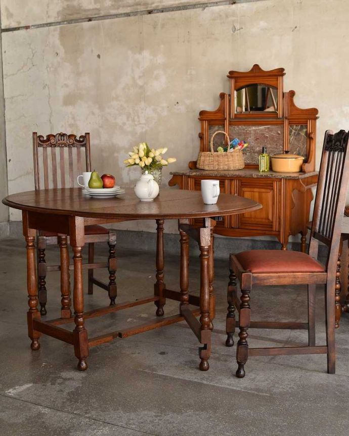 アンティークのテーブル　アンティーク家具　英国輸入のアンティーク家具、伸張式のゲートレッグテーブル（オーク材）。。(m-544-f)