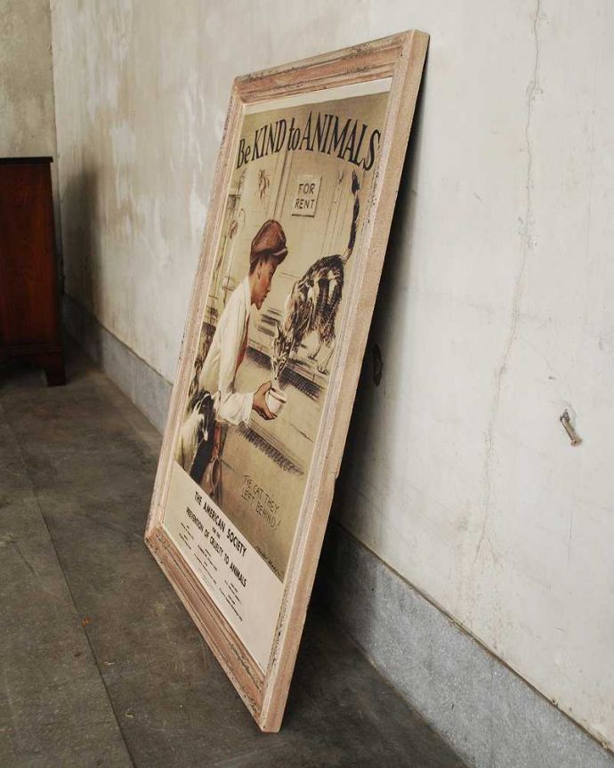 リビング雑貨　インテリア雑貨　キャンバスブロカントフレーム　少年＆猫。壁に立て掛けて使用してもＯＫです。(n7-101)