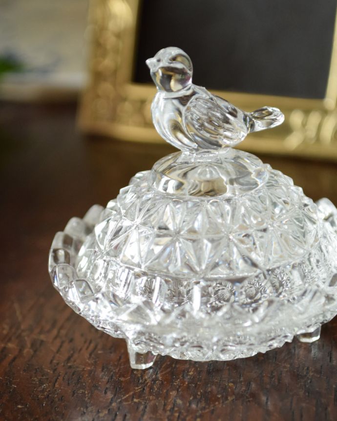 小鳥が乗ったフタ付きアンティークガラスケース、プレスドグラス(pg