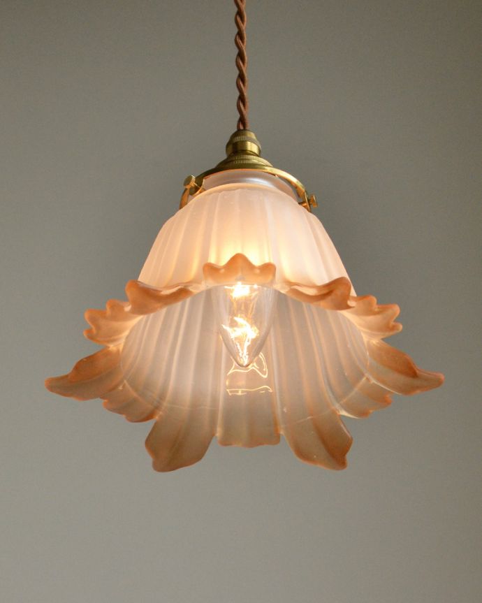 ペンダントライト　照明・ライティング　花びらが風になびく、オレンジ色のペンダントライト （コード・シャンデリア電球・ギャラリーA付き）。下から見上げるとこんな感じです。(pl-074)