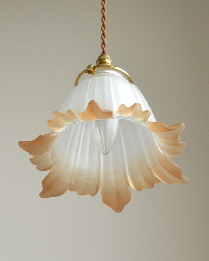 ペンダントライト　照明・ライティング　花びらが風になびく、オレンジ色のペンダントライト （コード・シャンデリア電球・ギャラリーA付き）。ブラウン系のオレンジ色がグラデーションになっているので、下から覗いたときが本当にお花のようで素敵なんです。(pl-074)