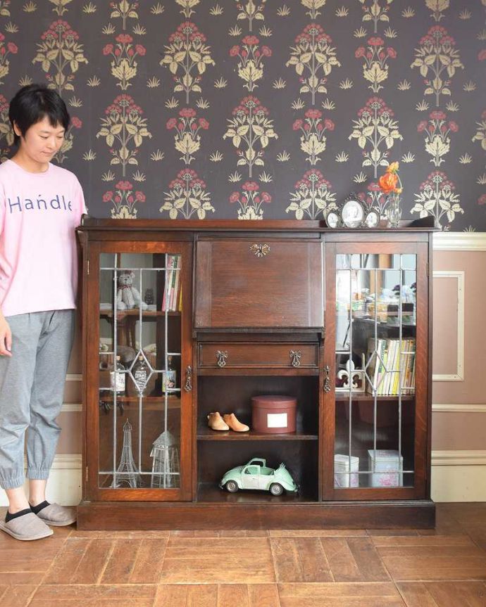 ビューロー　アンティーク家具　英国から届いたアンティーク、本棚とデスクが付いたお洒落なサイドバイサイド。1つで3役。(q-1221-f)