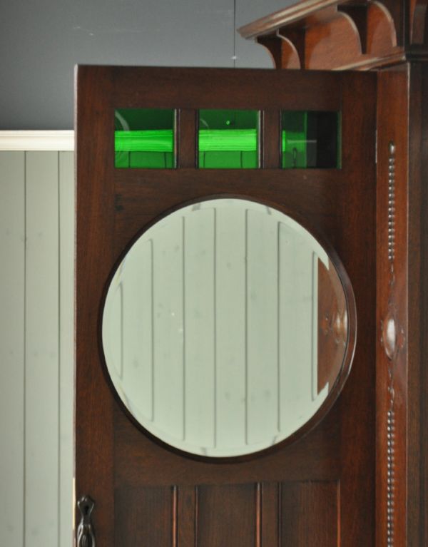 アンティークのキャビネット　アンティーク家具　丸い鏡付きのアンティーク英国家具、オーク材のホールローブ。ミラーがあります。(q-438-f)