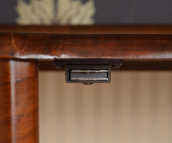 アンティークのキャビネット　アンティーク家具　扉の装飾が輝くアンティーク家具、英国のガラスキャビネット（ショーケース）。扉にはマグネットが付いているので、開け閉めがスムーズです。(q-494-f)