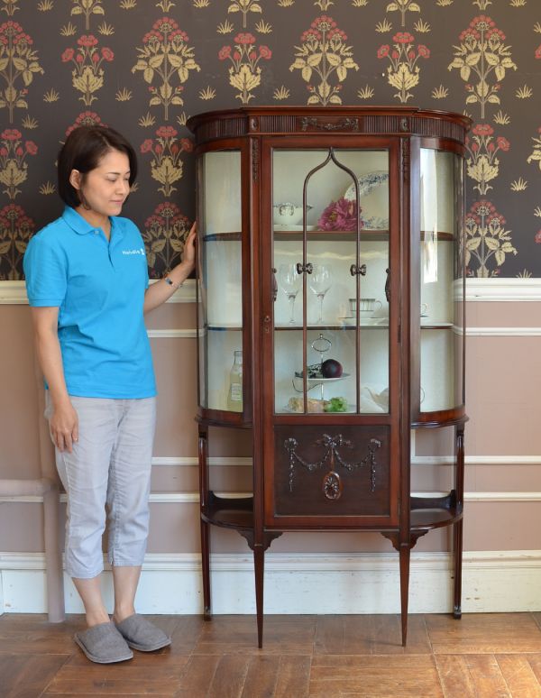 アンティークのキャビネット　アンティーク家具　上品なアンティークの英国家具、女性らしいガラスキャビネット（ショーケース）。奥行きが浅く、スッキリとした美しいショーケース。(q-496-f)