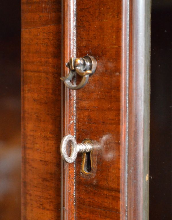 アンティークのキャビネット　アンティーク家具　大きなガラス扉の英国アンティーク家具、ガラスキャビネット（ブックケース）。取っ手がちょこんと付いています。(q-497-f)