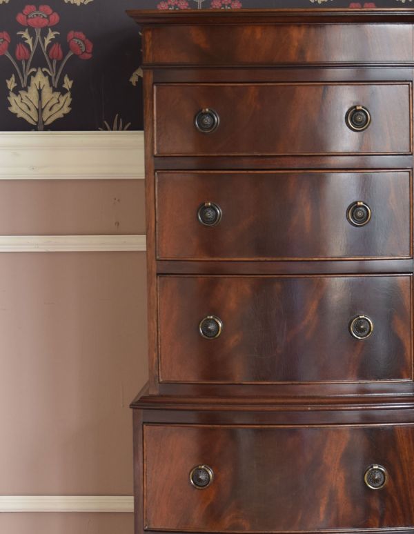 アンティークのチェスト アンティーク家具 引き出しが6杯あるアンティークの収納家具、イギリスのチェスト(トールボーイ)。品のあるマホガニー材の色合い。(q-514-f)