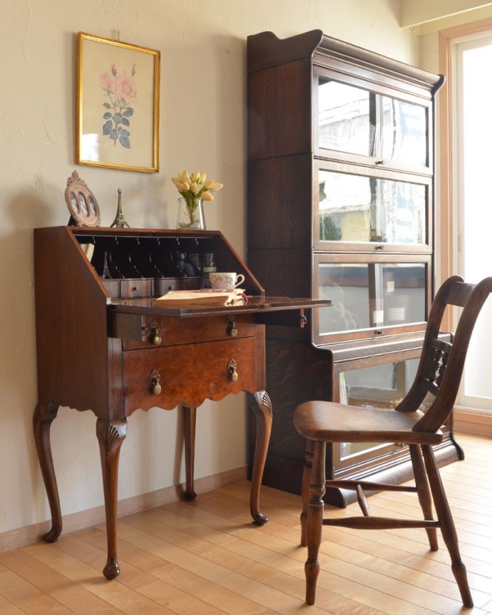 ビューロー　アンティーク家具　キレイなアンティーク英国家具、ウォルナット材のビューロー（デスク）。本棚といっしょに素敵な書斎コーナーが出来上がり･･･。(q-536-f)