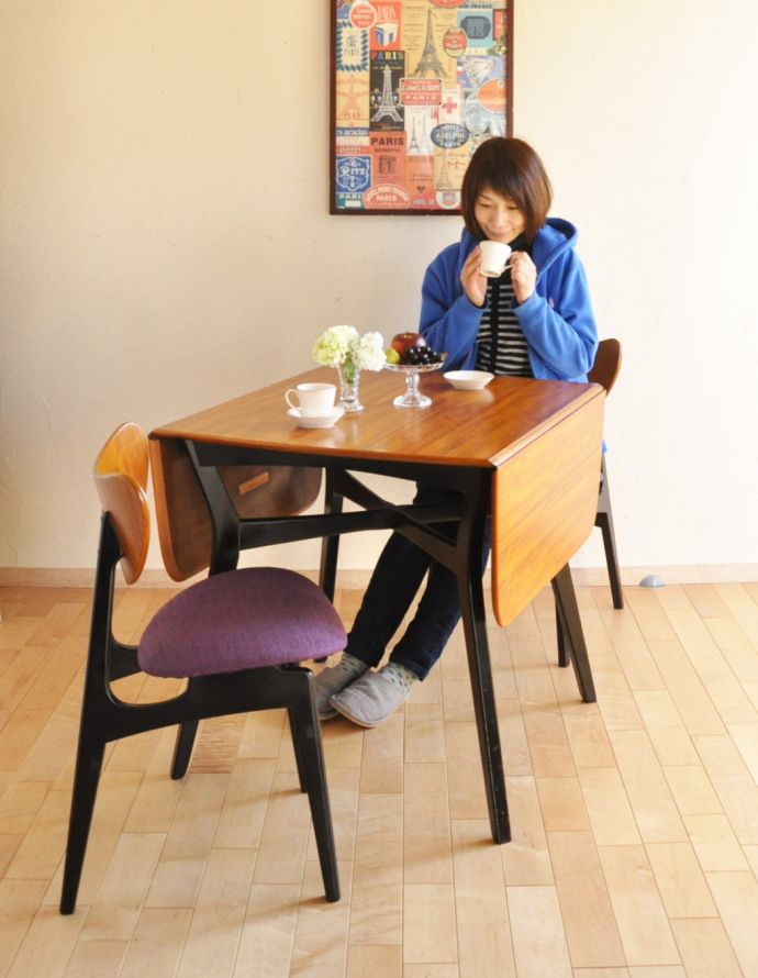 G-PLAN(Gプラン) アンティーク家具 北欧ヴィンテージ家具、G-planのバタフライテーブル(伸張式ダイニング)。ダイニングテーブルにいかが?サイズが変えられるので、ダイニングスペースをとりにくいアパートやマンションでもお使い頂けます。(q-652-f)