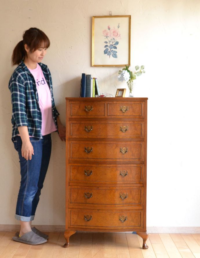 アンティークのチェスト アンティーク家具 英国のアンティーク収納家具、たっぷり引き出しの付いたウォルナット材のチェストオブドロワーズ。高級感があって女性らしい優しいシルエット。(q-692-f)