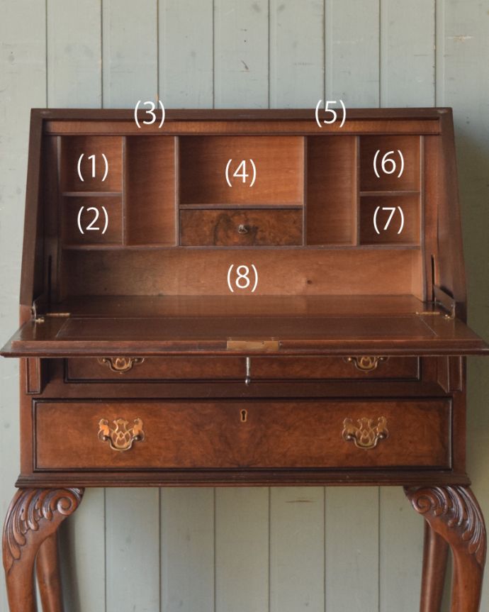 ビューロー　アンティーク家具　英国のアンティーク家具、ウォルナット材の美しいビューロー（デスク）。この通り天板は広々しているので、パソコンデスクとしても活躍してくれます。(q-846-f)